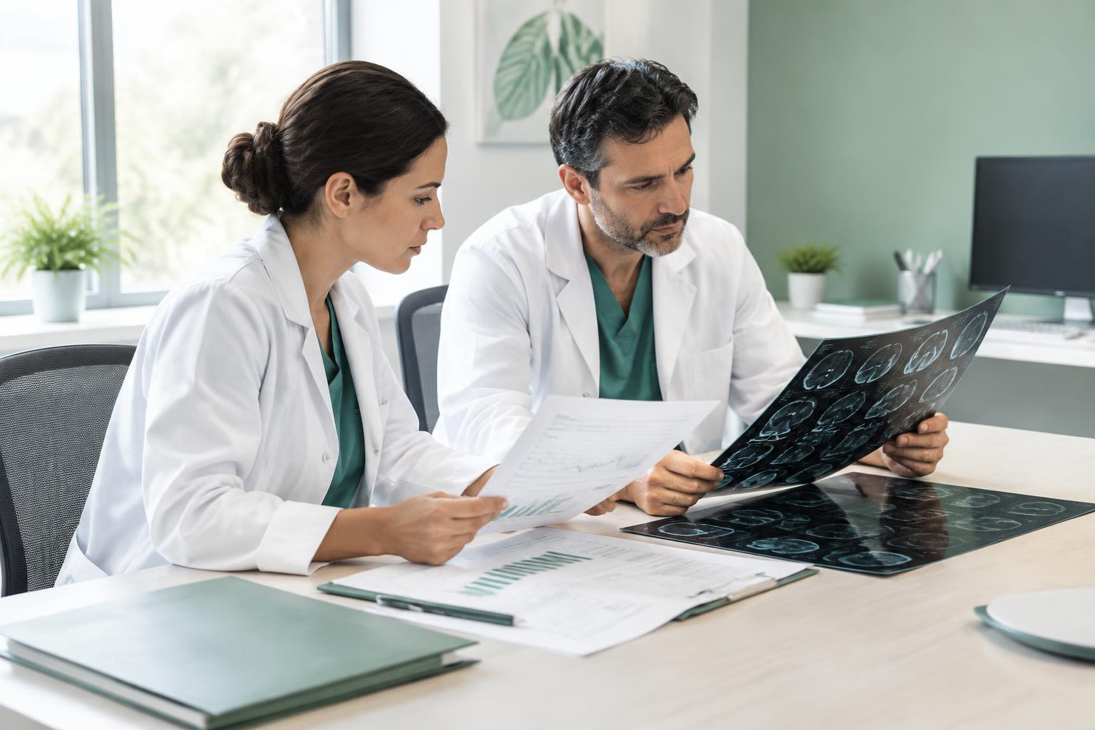 Clinical professionals comparing medical records and documented imaging