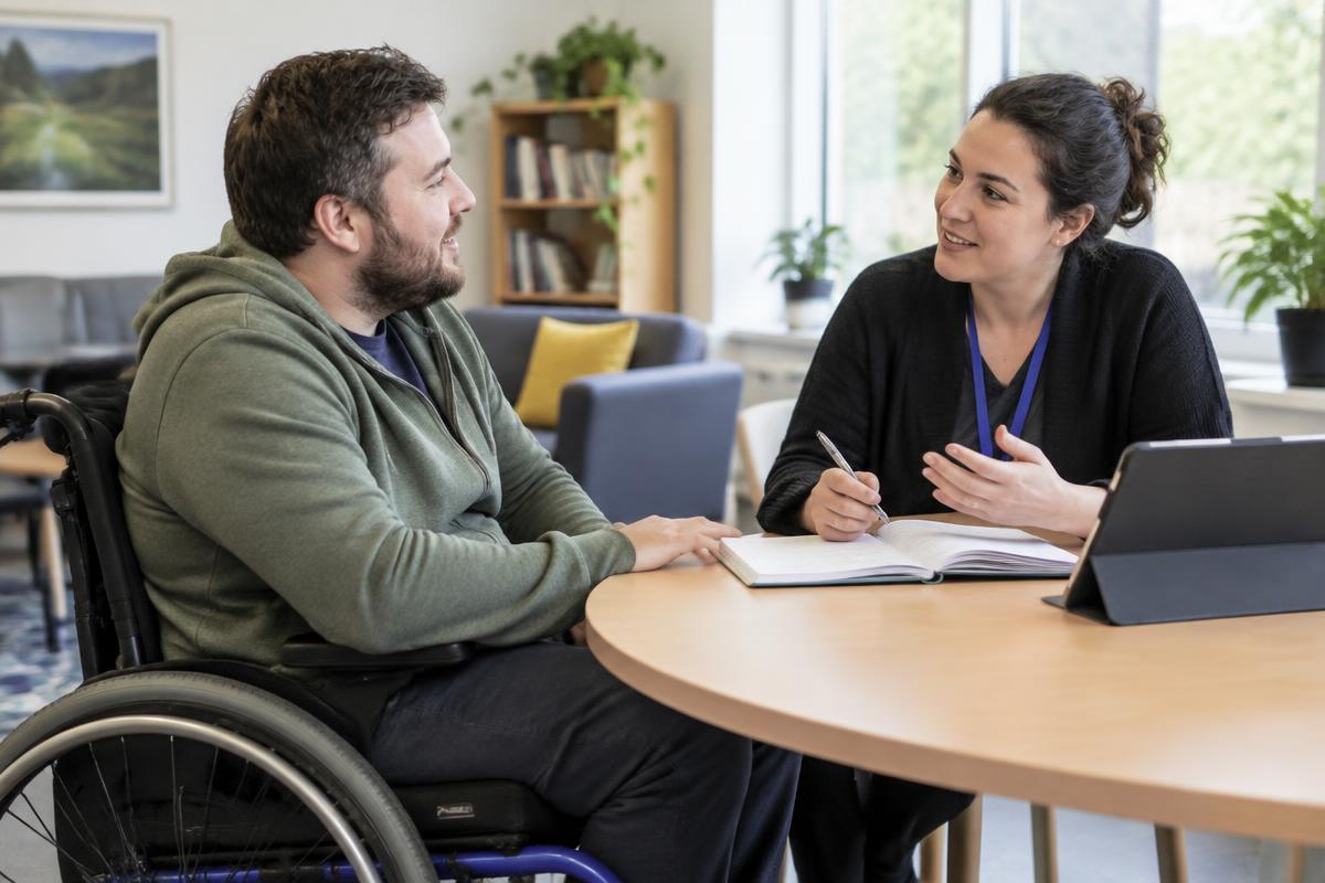 Wheelchair user discussing individual support with a community coordinator