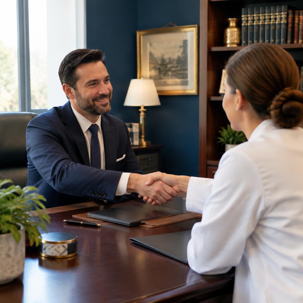 Attorney and clinician shaking hands in a law office