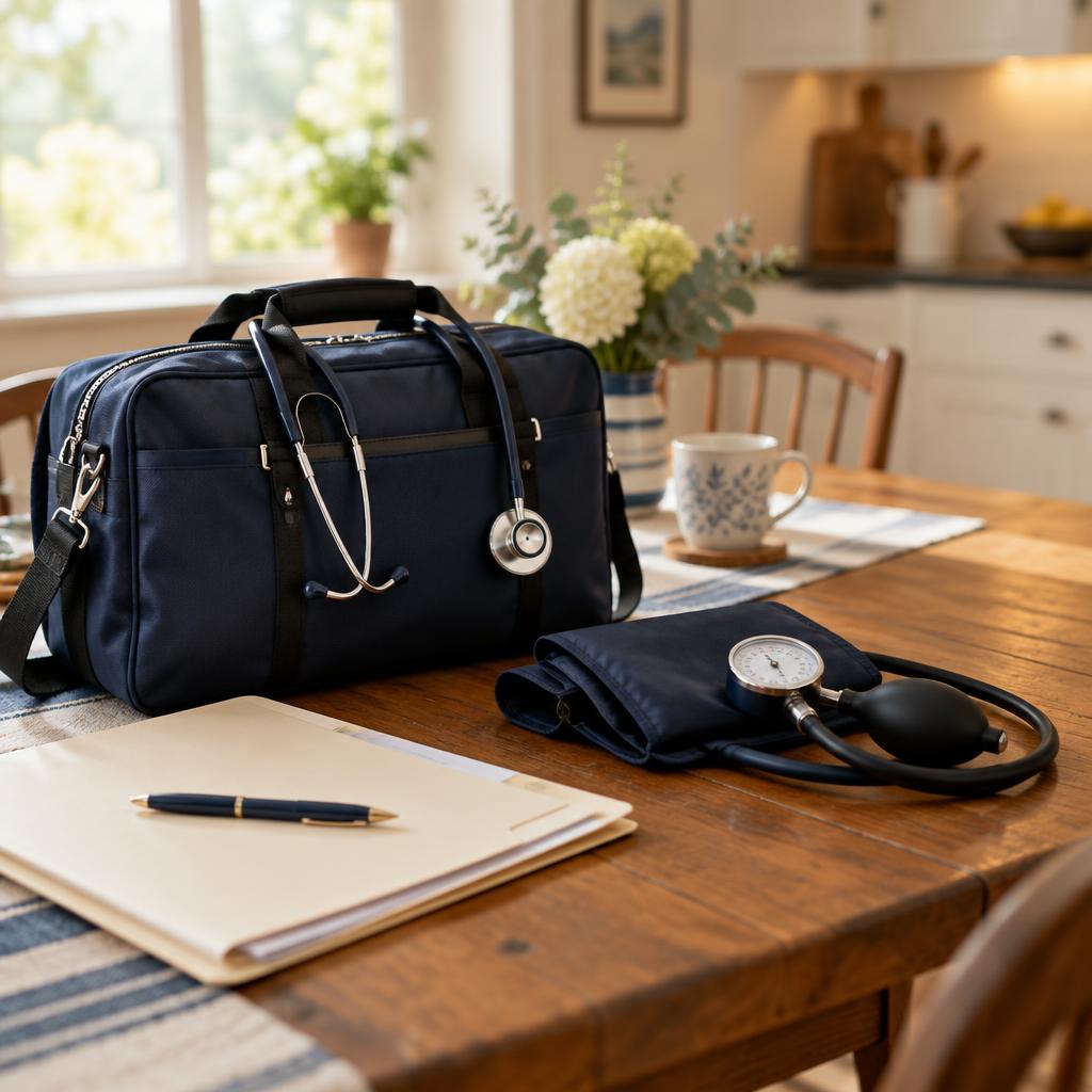 A home health visit kit with medical bag, folder and blood-pressure cuff on a kitchen table