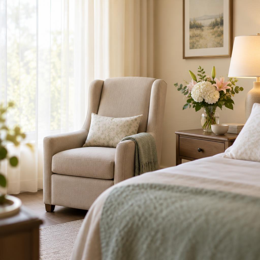 A peaceful hospice room corner with soft light through curtains and fresh flowers