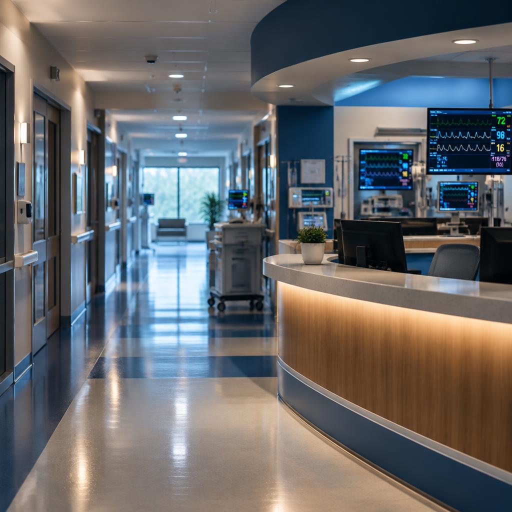A modern hospital corridor with a nurses' station and monitoring equipment