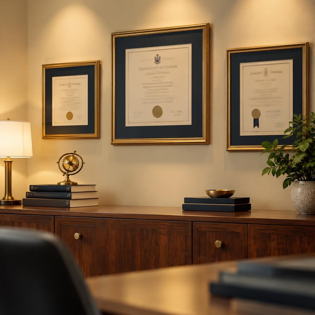 Framed professional licensing credentials on an office wall