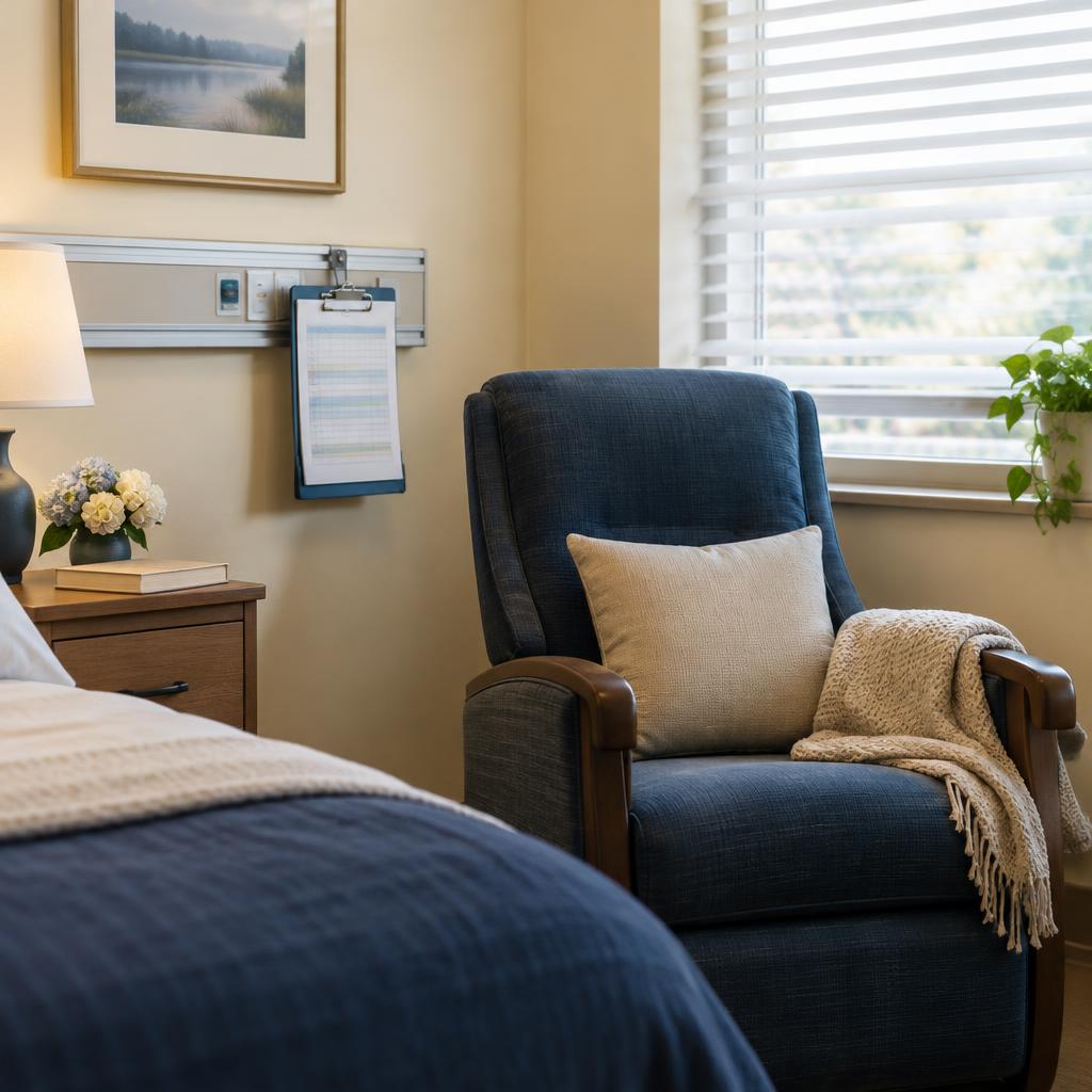 A long-term care resident's room with a care chart on the wall and soft daylight