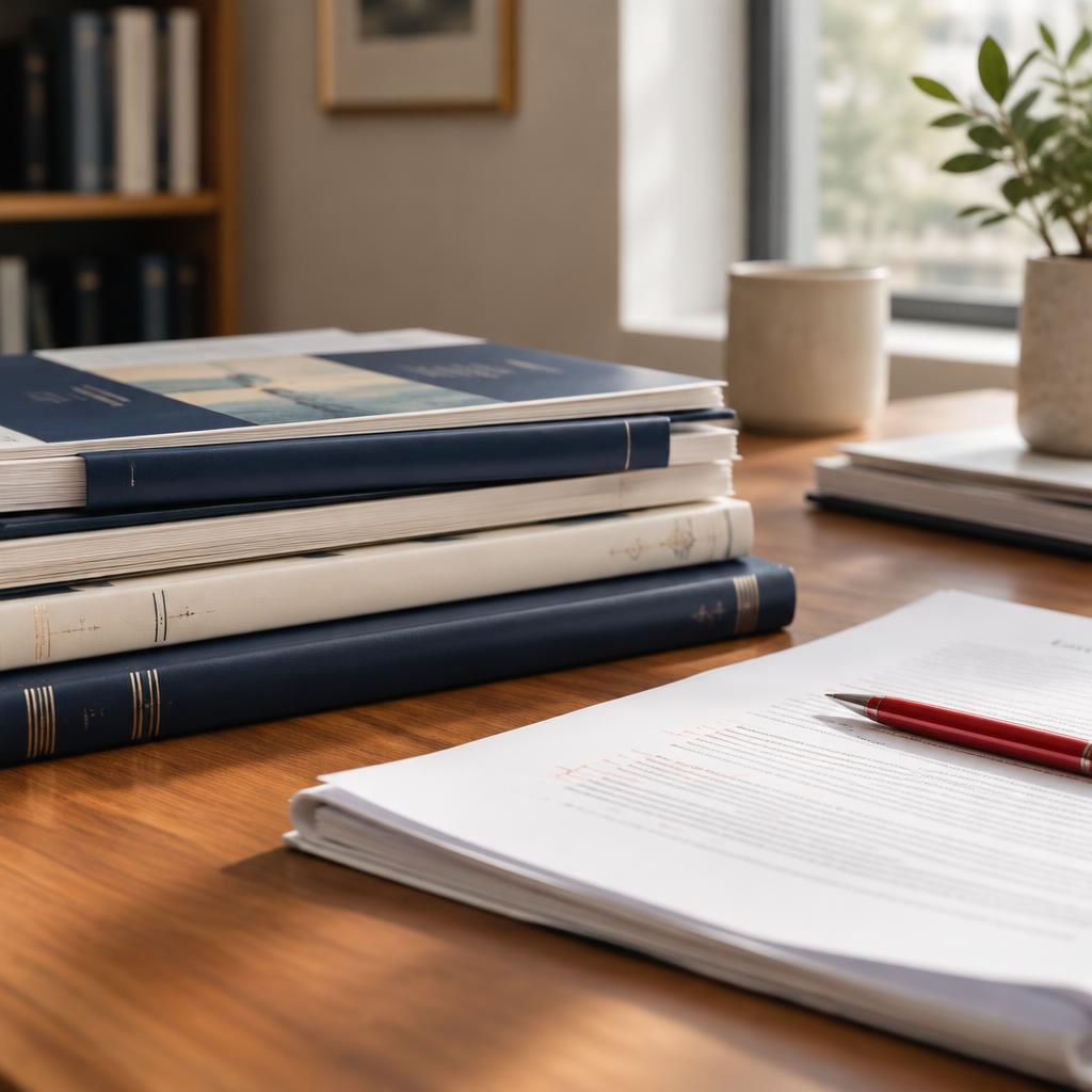 A stack of published journals and a manuscript under review on a desk