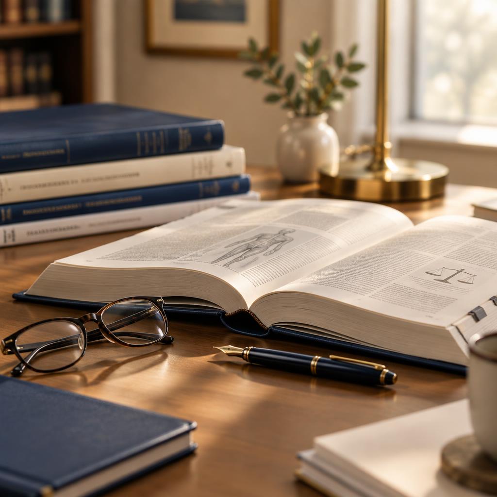 Medical-legal reference volumes and reading material on a study desk